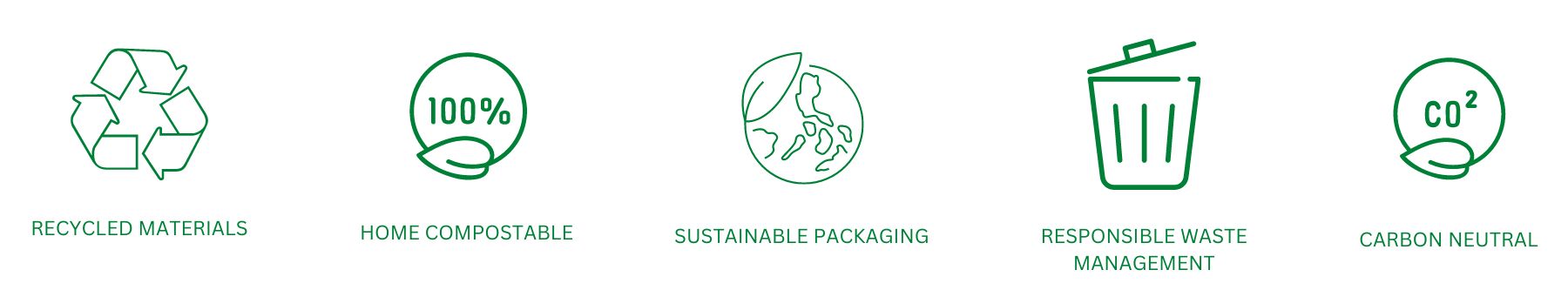 RECYCLED MATERIALS

HOME COMPOSTABLE

SUSTAINABLE PACKAGING

RESPONSIBLE WASTE MANAGEMENT 

CARBON NEUTRAL